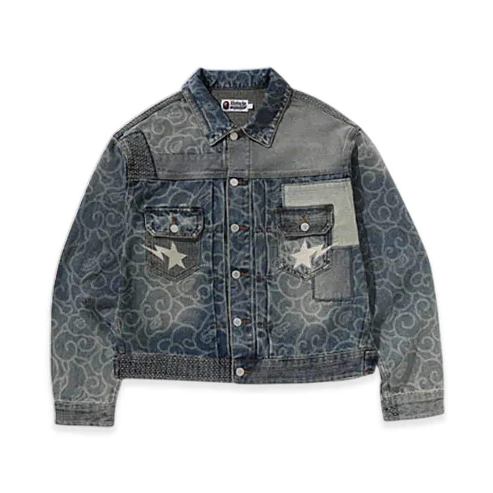 A BATHING APE Cloud Camo Jacquard Upcycled Denim Trucker Jacket "Navy"