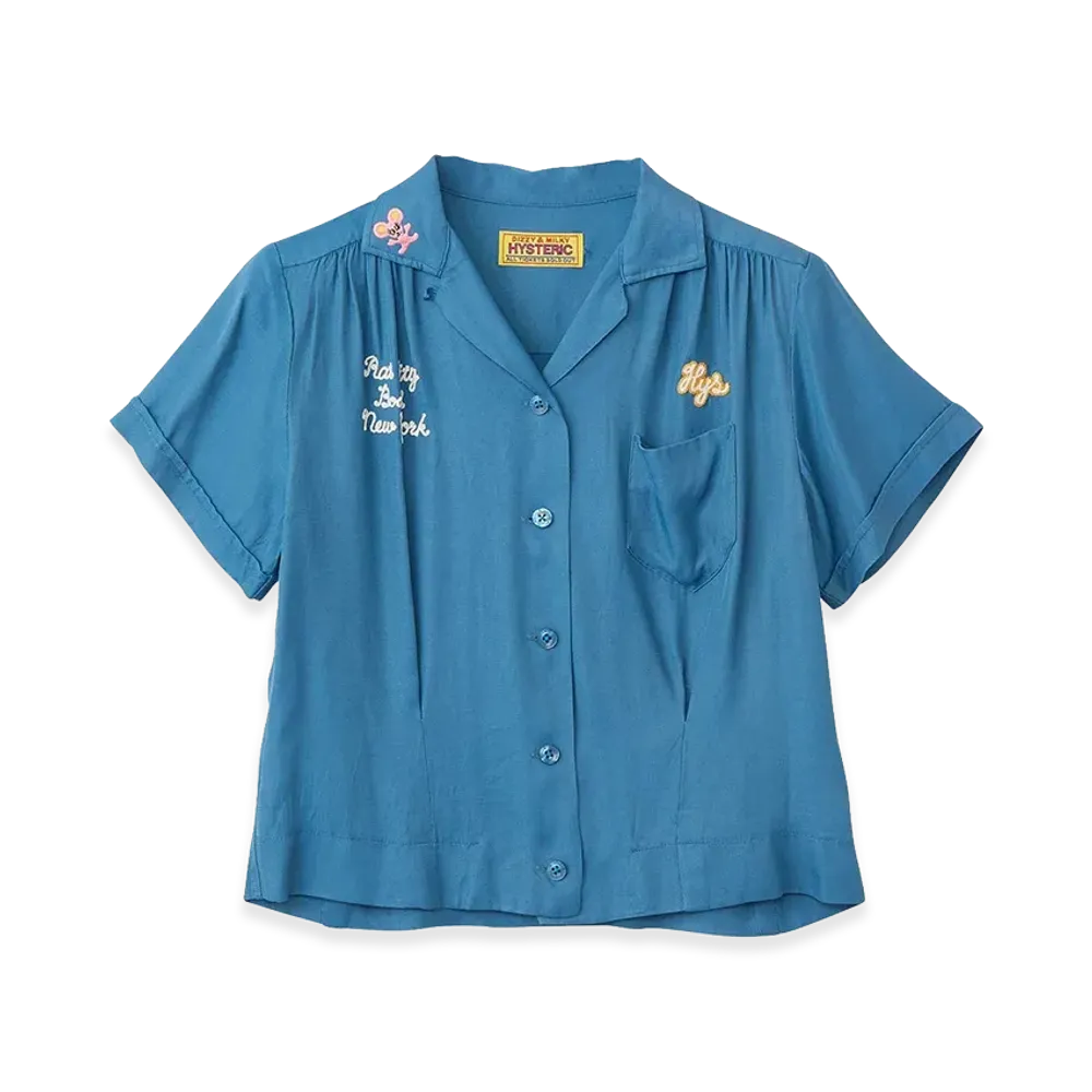 HYSTERIC GLAMOUR Women's Rat City Bowl Embroidered Bowling Shirt "Blue"