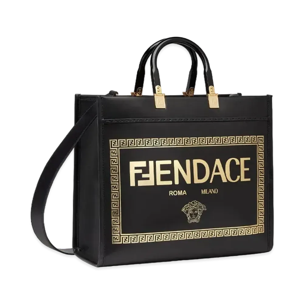FENDI x Versace Fendace Printed Black Leather Logo Shopper "Black"