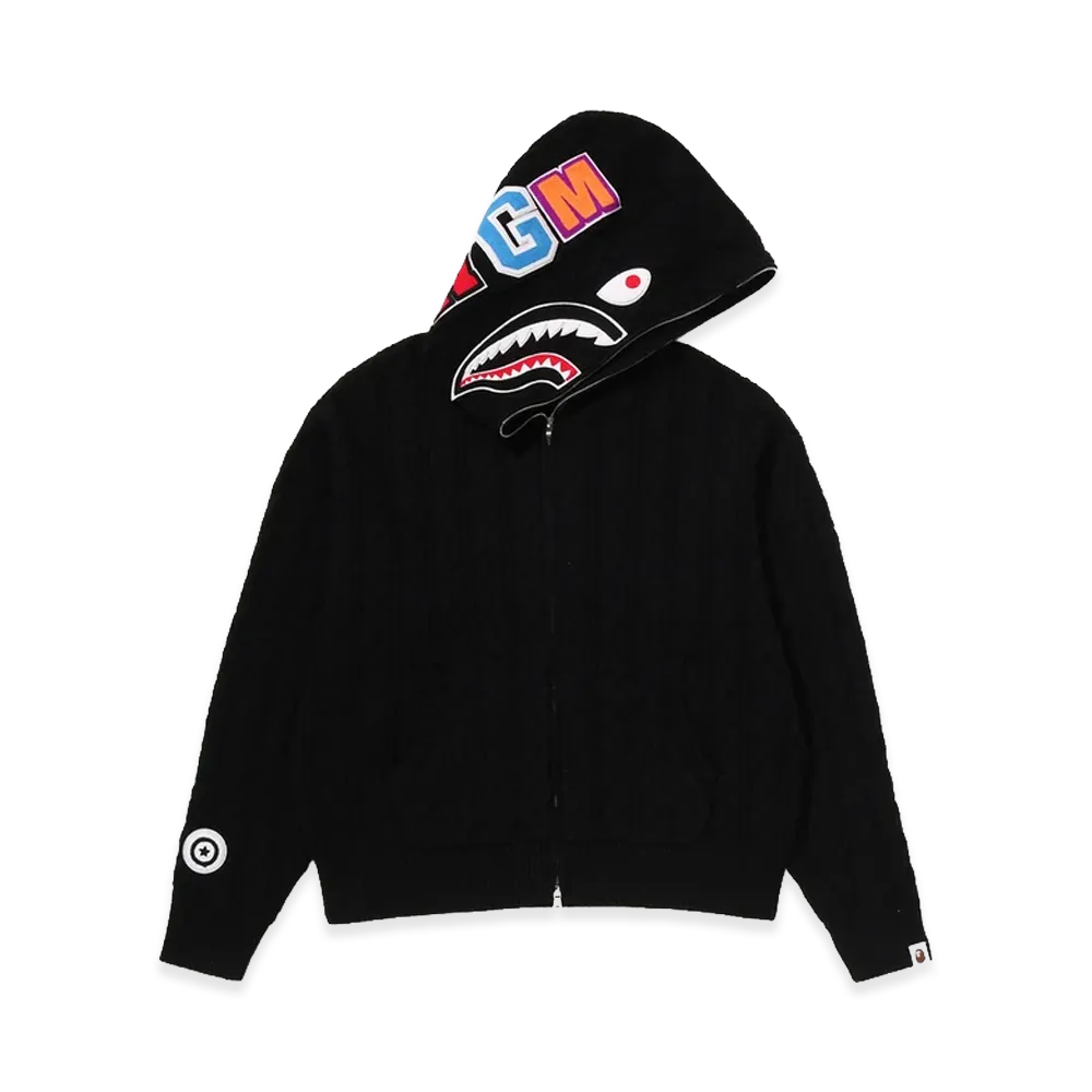 A BATHING APE Cable Knit Shark Relaxed Fit Full Zip Hoodie "Black"