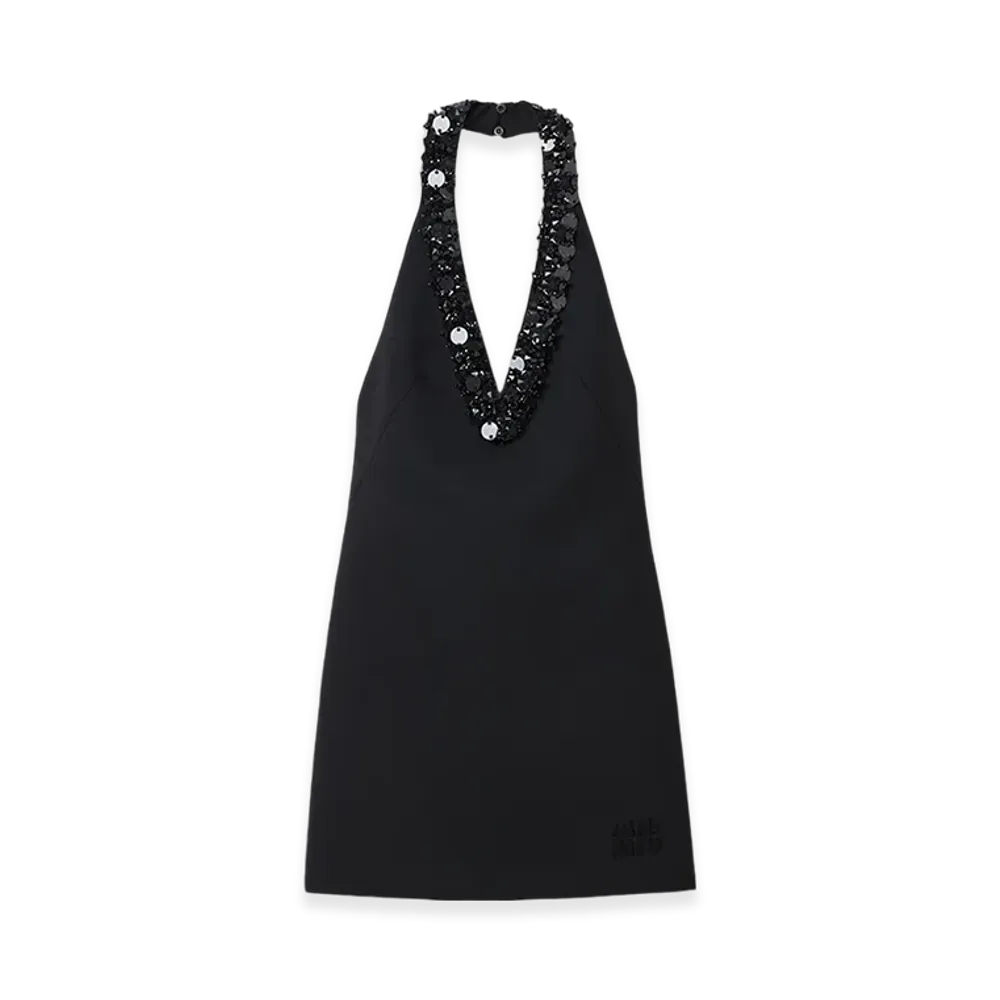 MIU MIU Women's Embroidered Grain De Poudre Mini Dress "Black"