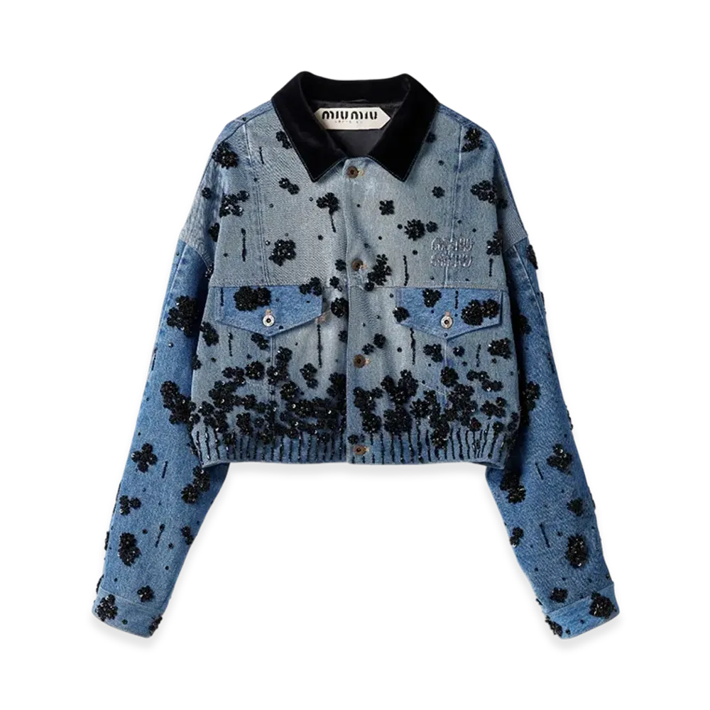 MIU MIU Women's Embellished Denim Trucker Jacket "Navy"