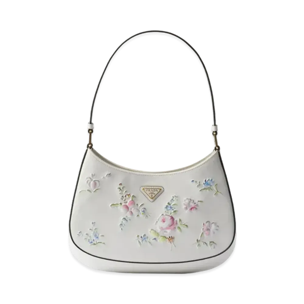 PRADA Cleo Printed Brushed Leather Shoulder Bag "White"