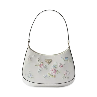 PRADA Cleo Printed Brushed Leather Shoulder Bag "White"