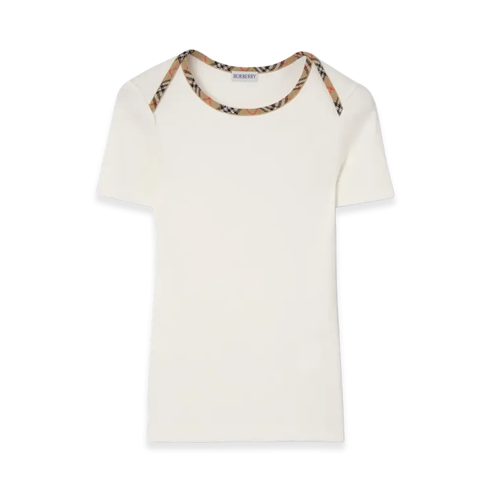 Burberry Women's Check Trim Stretch Cotton Tee "Chalk White"