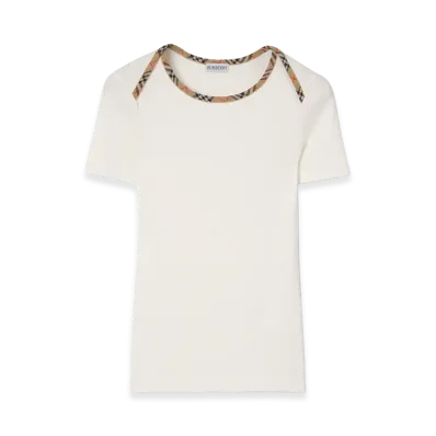 Burberry Women's Check Trim Stretch Cotton Tee "Chalk White"