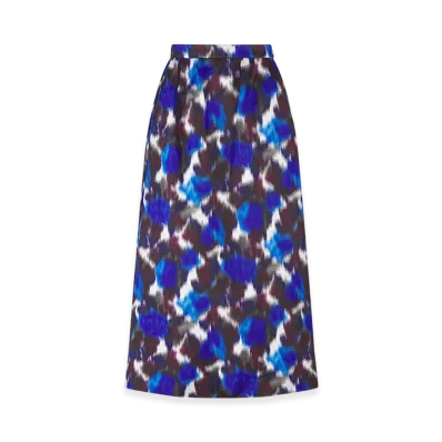 Dior Women's Mid-Length Straight-Cut Skirt Silk Roses Motif "Metallic Blue"