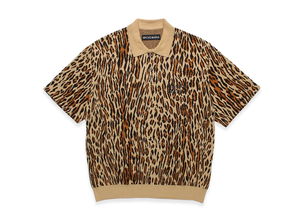 WACKO MARIA Leopard Jacquard Knit Polo Shirt "Beige"