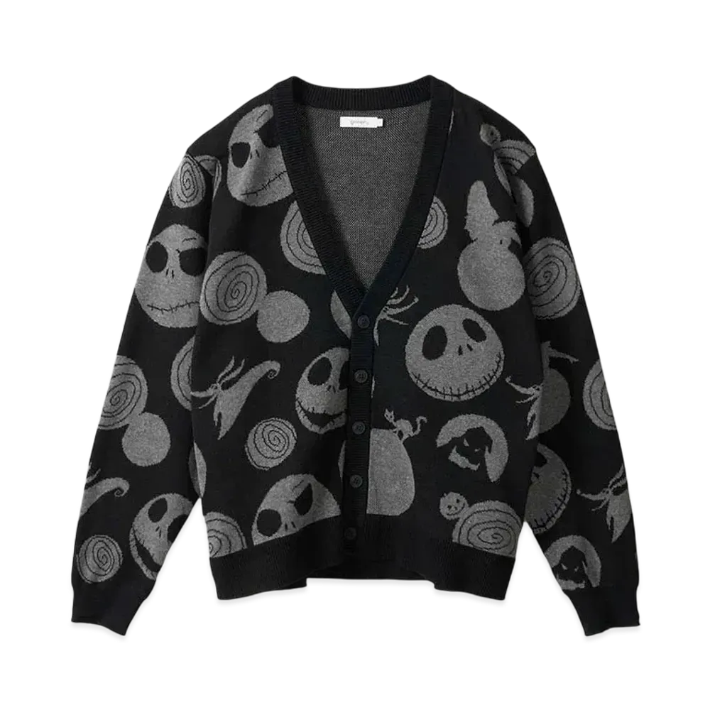 graniph x THE NIGHTMARE BEFORE CHRISTMAS Jack Skellington Pattern Washable Jacquard Cardigan "Black"