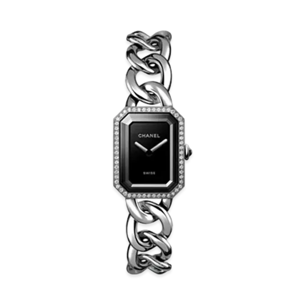 CHANEL Premiere Gourmette Chain Watch Large Version Steel and Diamonds Lacquered Dial "Black"