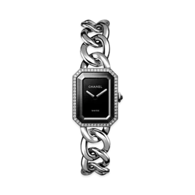 CHANEL Premiere Gourmette Chain Watch Large Version Steel and Diamonds Lacquered Dial "Black"