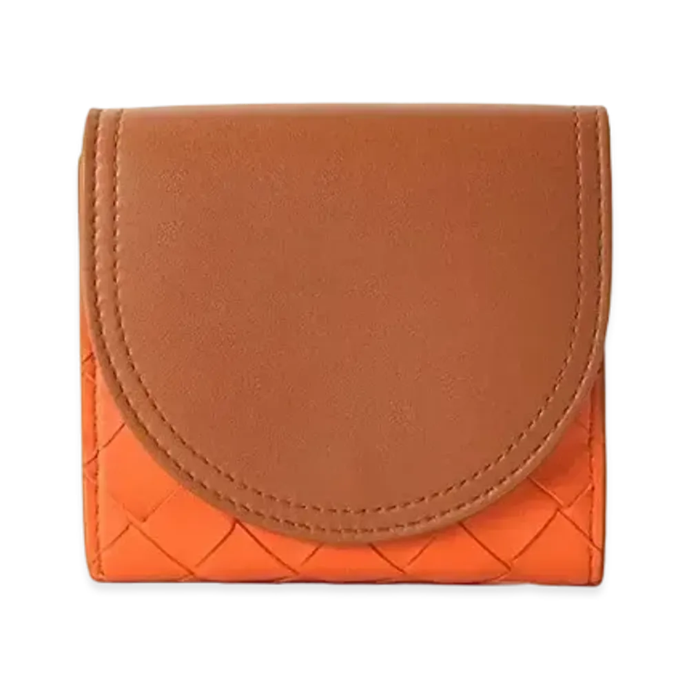Bottega Veneta Intrecciato Lambskin Round Flap Mini Wallet "Brown/Orange"
