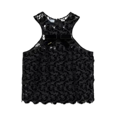 PRADA Women's Guipure Top with Camellia Embroidery "Black"