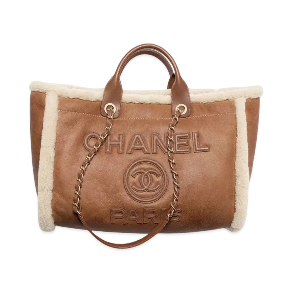 CHANEL Large Shopping Bag Shearling Lambskin, Lambskin &Gold-Tone Metal "Brown/Beige"
