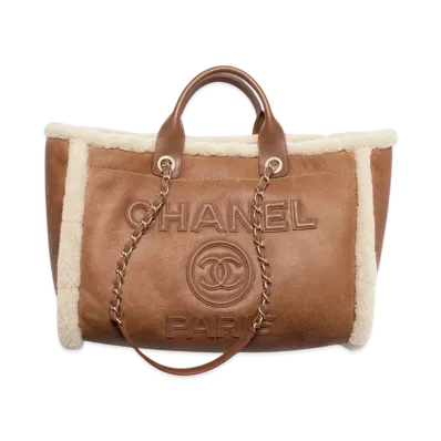 CHANEL Large Shopping Bag Shearling Lambskin, Lambskin &Gold-Tone Metal "Brown/Beige"