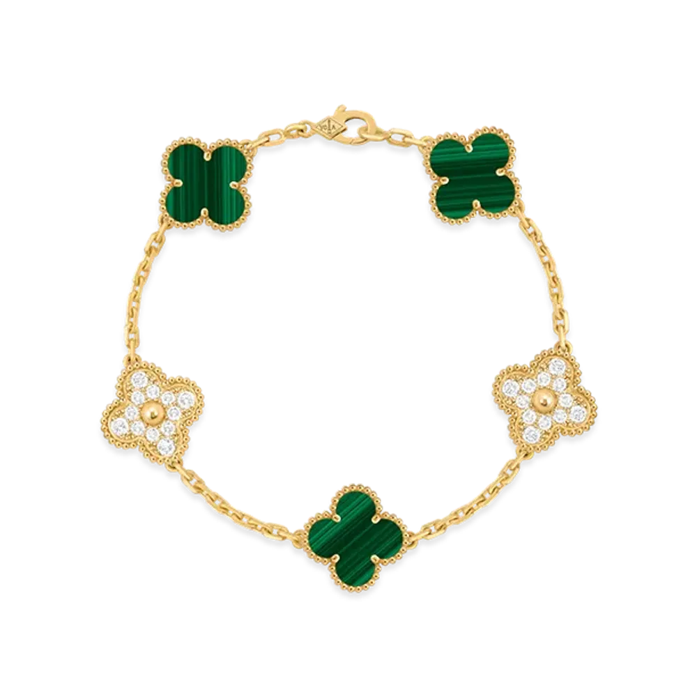 Van Cleef & Arpels Vintage Alhambra bracelet 5 motifs "18K Yellow gold/Diamond/Malachite"
