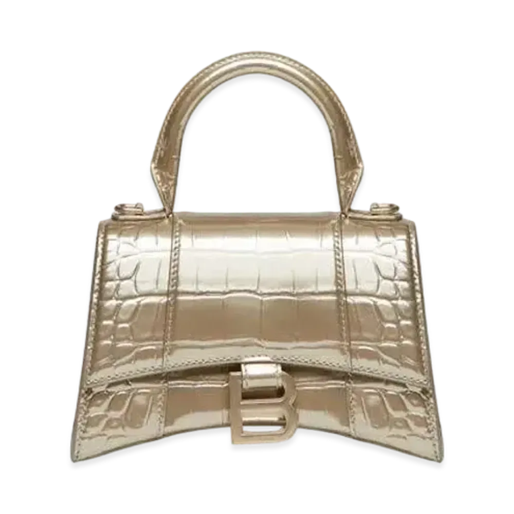 BALENCIAGA Hourglass XS Handbag Metallized Crocodile Embossed "Gold"