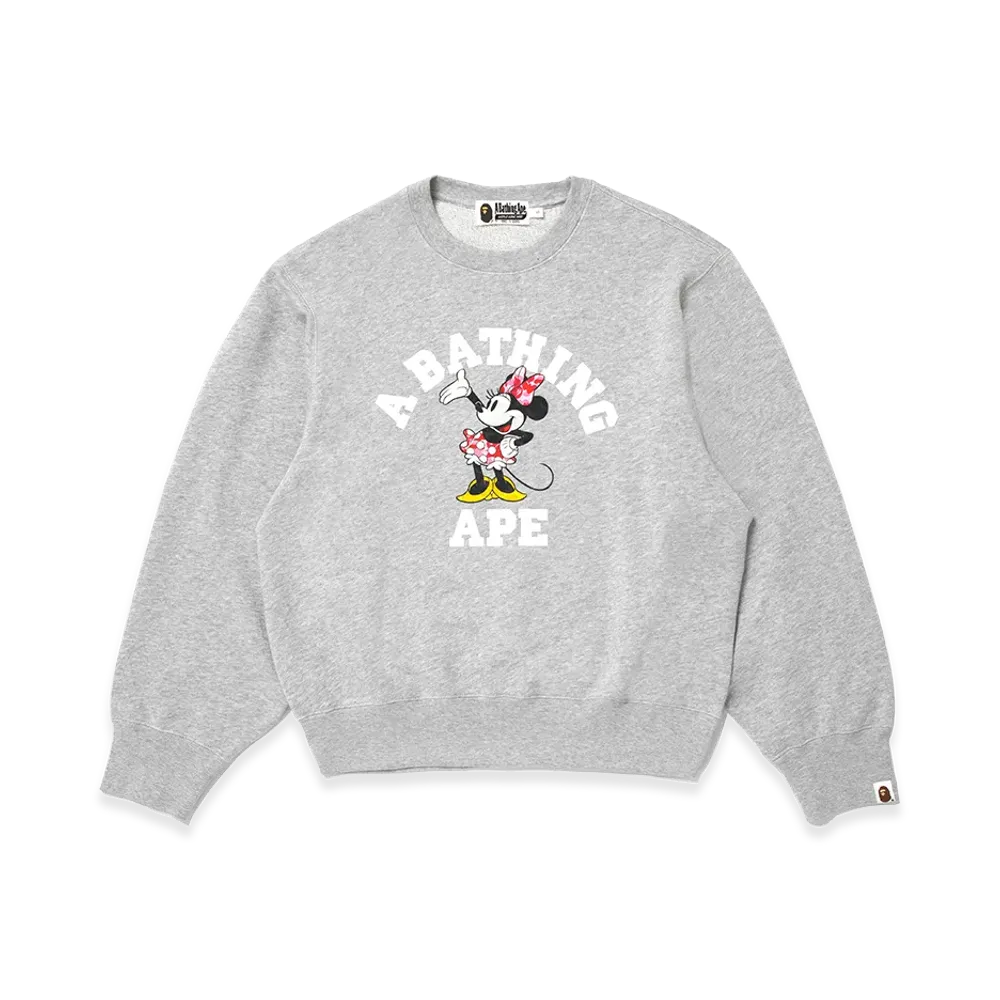 A BATHING APE x Disney Women's Minnie Mouse College Crewneck Sweatshirt "Gray"
