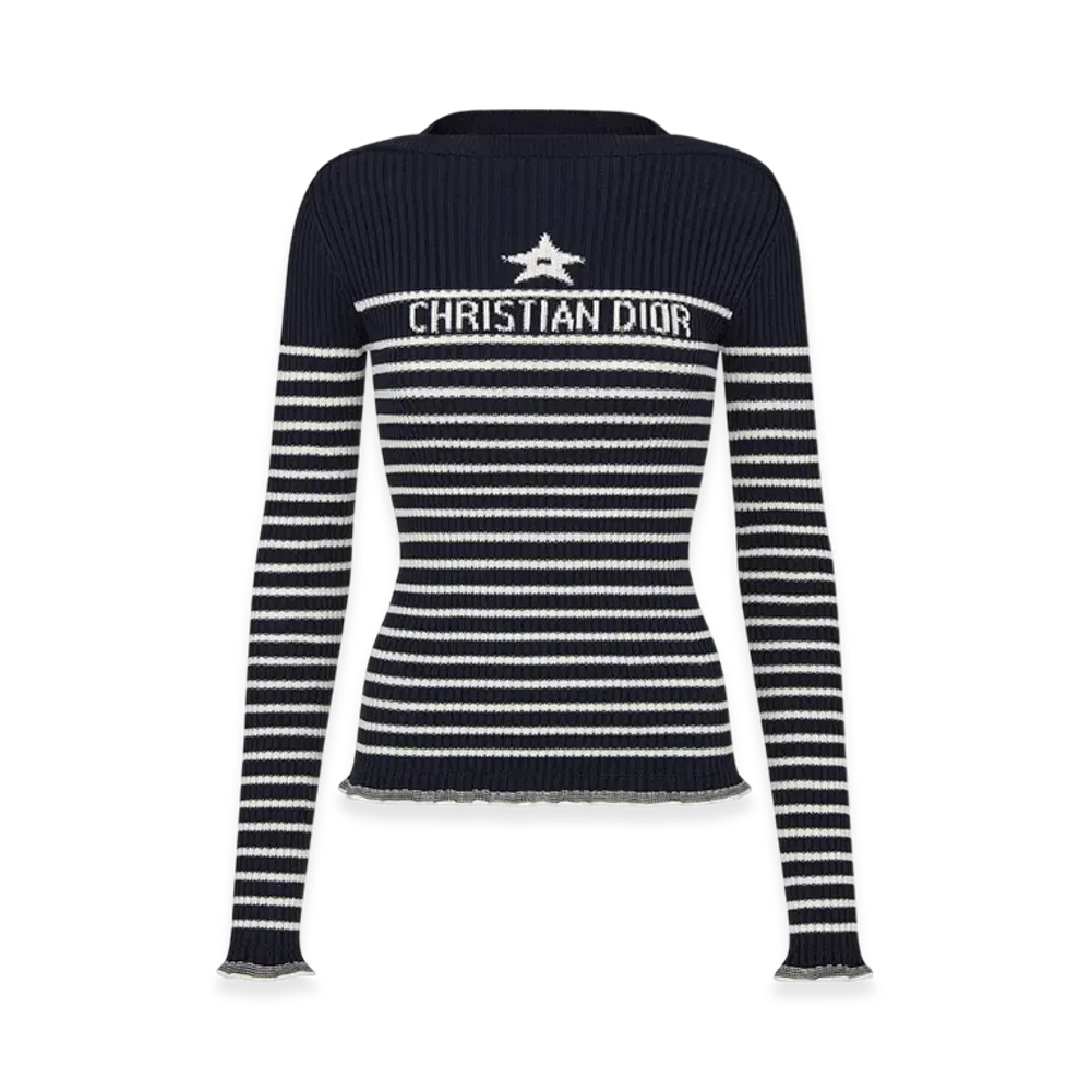 Dior Women's Sweater Cotton Ribbed Knit with Signature "Navy Blue"