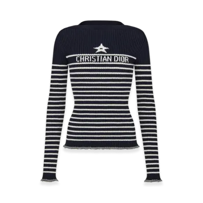 Dior Women's Sweater Cotton Ribbed Knit with Signature "Navy Blue"