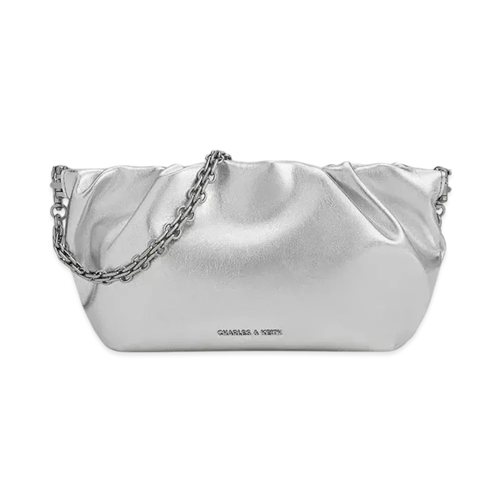CHARLES & KEITH Bridget Ruched Chain Handle Clutch "Silver"