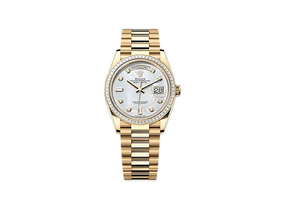 ROLEX Day-Date 36mm Yellow Gold Diamond 128398TBR "White Mother-of-Pearl"