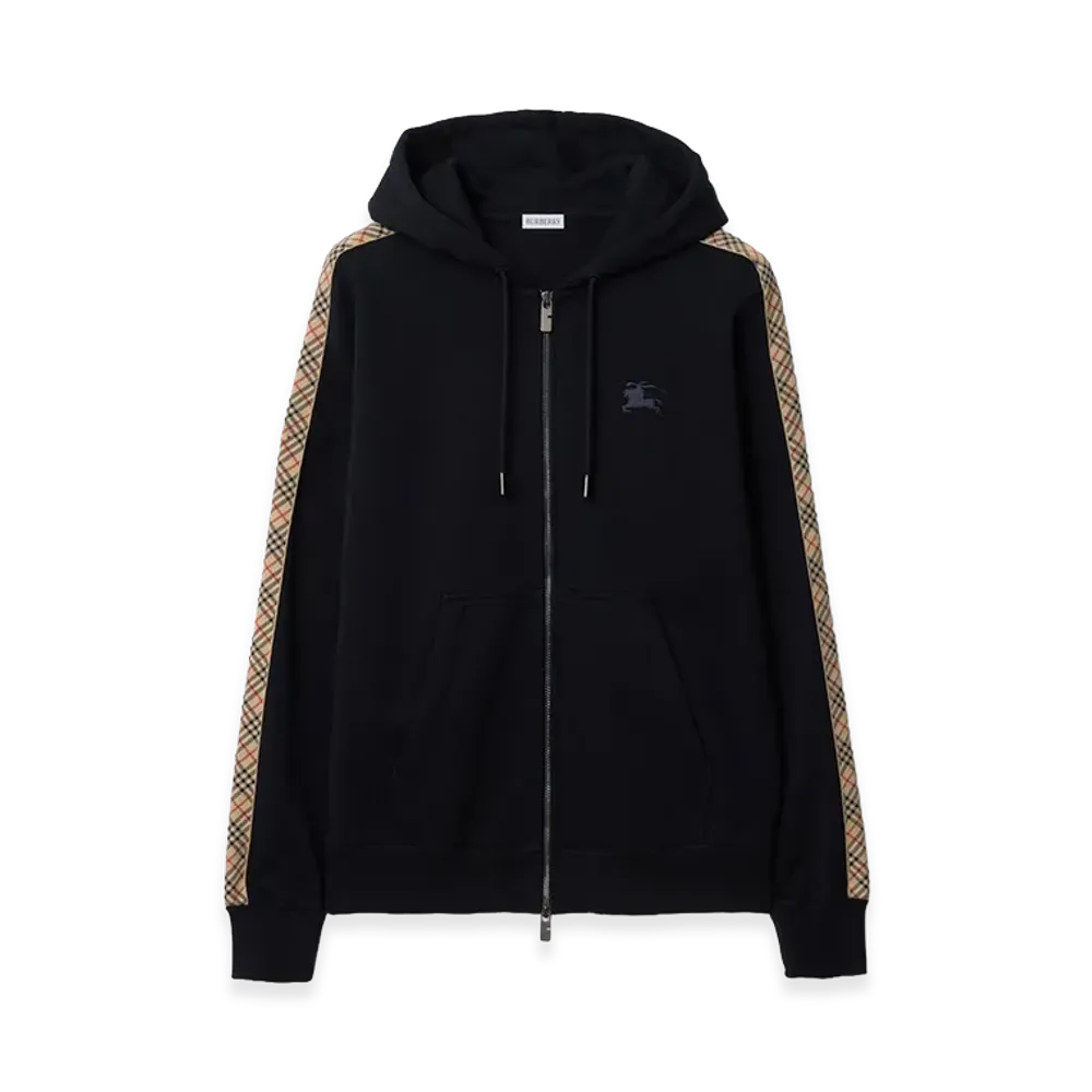 Burberry Check Trim Cotton Zip Hoodie "Navy"