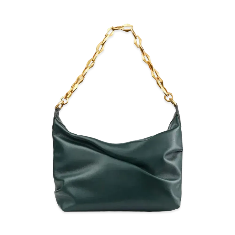 Jimmy Choo Diamond Soft Hobo/S Calf Leather Hobo Bag With Chain Strap "Dark Green/Gold"