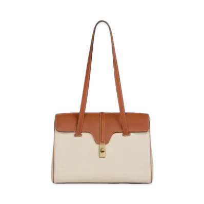 CELINE Medium Soft 16 Bag in Textile and Calfskin "Tan/White"