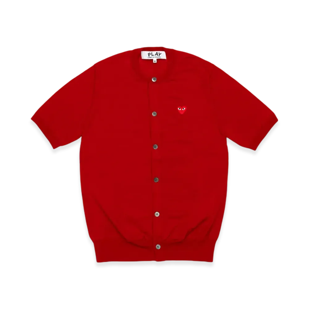 PLAY COMME des GARCONS Round Neck Short Sleeve Cardigan With Red Medium Emblem "Red"