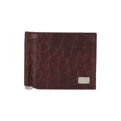 Dolce&Gabbana Bifold Wallet Crocodile Money Clip & Logo Plate "Bordeaux"