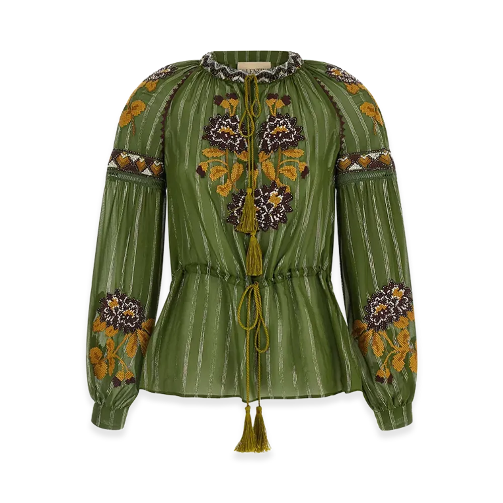 Valentino Garavani Women's Embroidered Lurex Silk Shirt "Green"