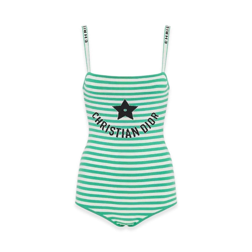 Dior Women's Technical Knit with Dior Mariniere Motif Dioriviera Bodysuit "White/Aquamarina"