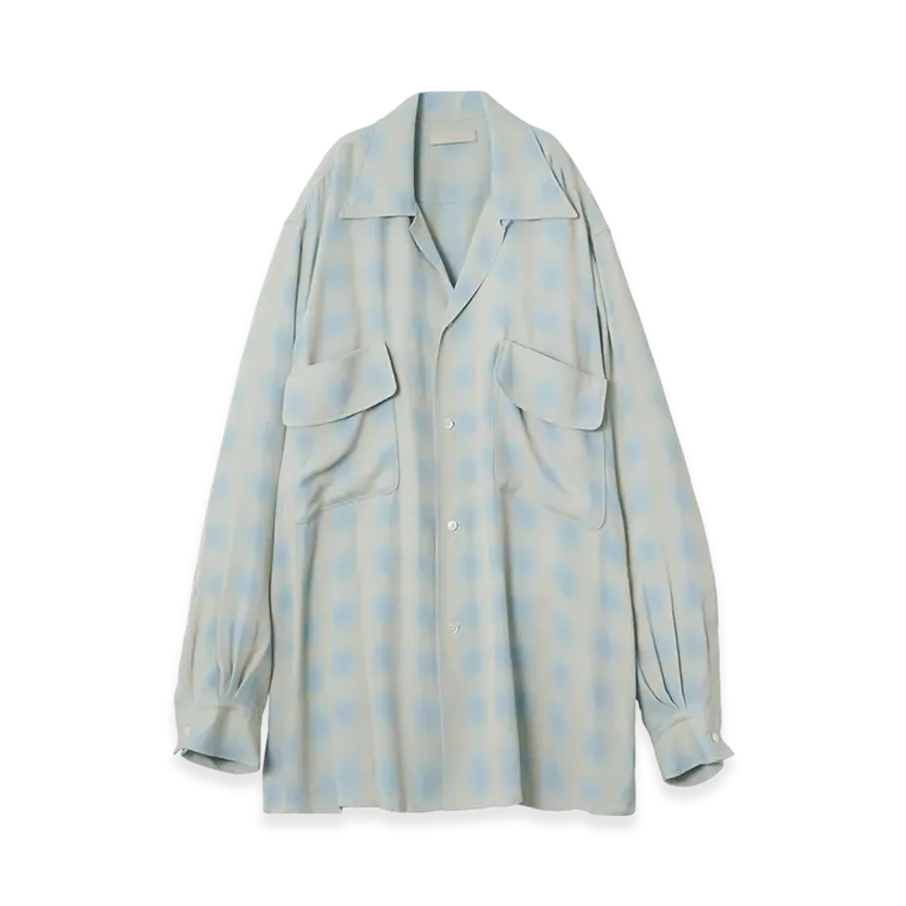 YOKE Rayon Acetate Blurred Ombre Plaid Open Collar Shirt "Light Green"