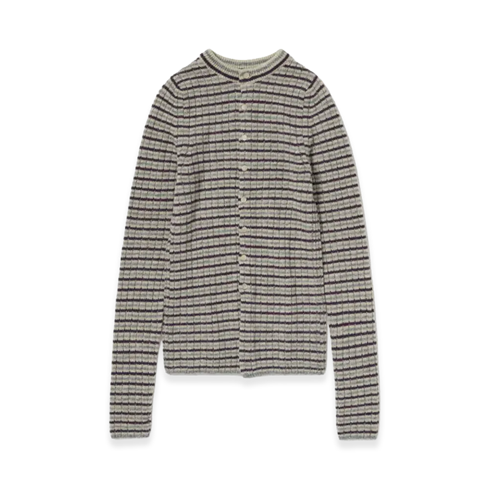 AURALEE Women's Shetland Wool Cashmere Rib Knit Crew-Neck Cardigan "Lime Purple Stripe"