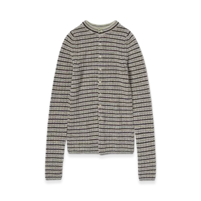 AURALEE Women's Shetland Wool Cashmere Rib Knit Crew-Neck Cardigan "Lime Purple Stripe"