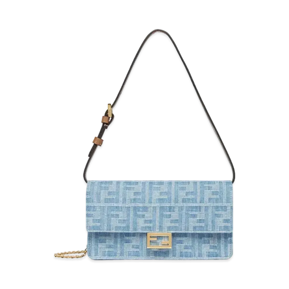 FENDI Wallet On Chain Baguette FF Denim Fabric "Light Blue"