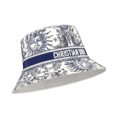 Dior D-Bobby Toile de Jouy Soleil Small Brim Bucket Hat Embroidery "White/Navy Blue"