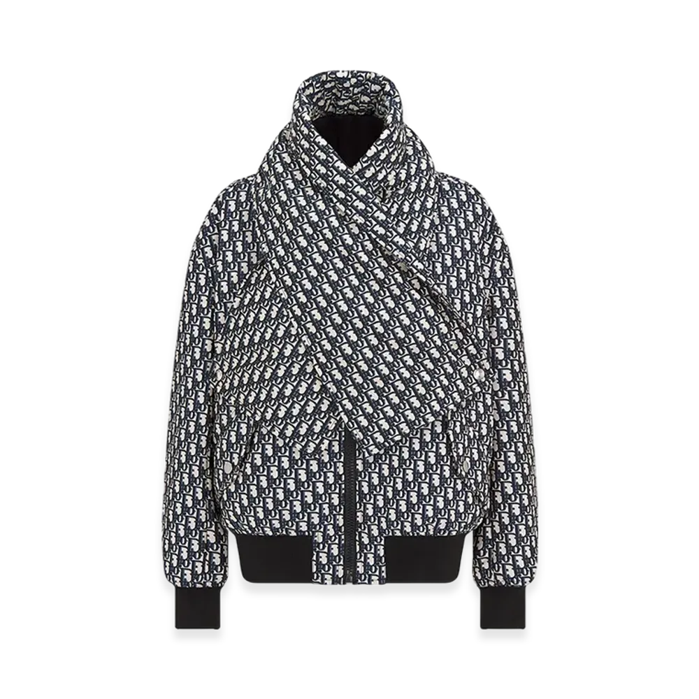 Dior Women's Bomber Jacket with Criss Cross Collar Technical Taffeta Jacquard Oblique Motif "Blue/Ecru"