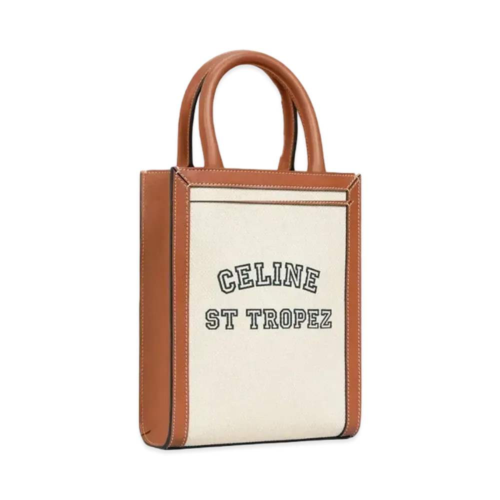 CELINE Mini Vertical Cabas CELINE in Textile with CELINE St Tropez Print and Calfskin "Natural/Tan"