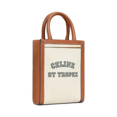 CELINE Mini Vertical Cabas CELINE in Textile with CELINE St Tropez Print and Calfskin "Natural/Tan"
