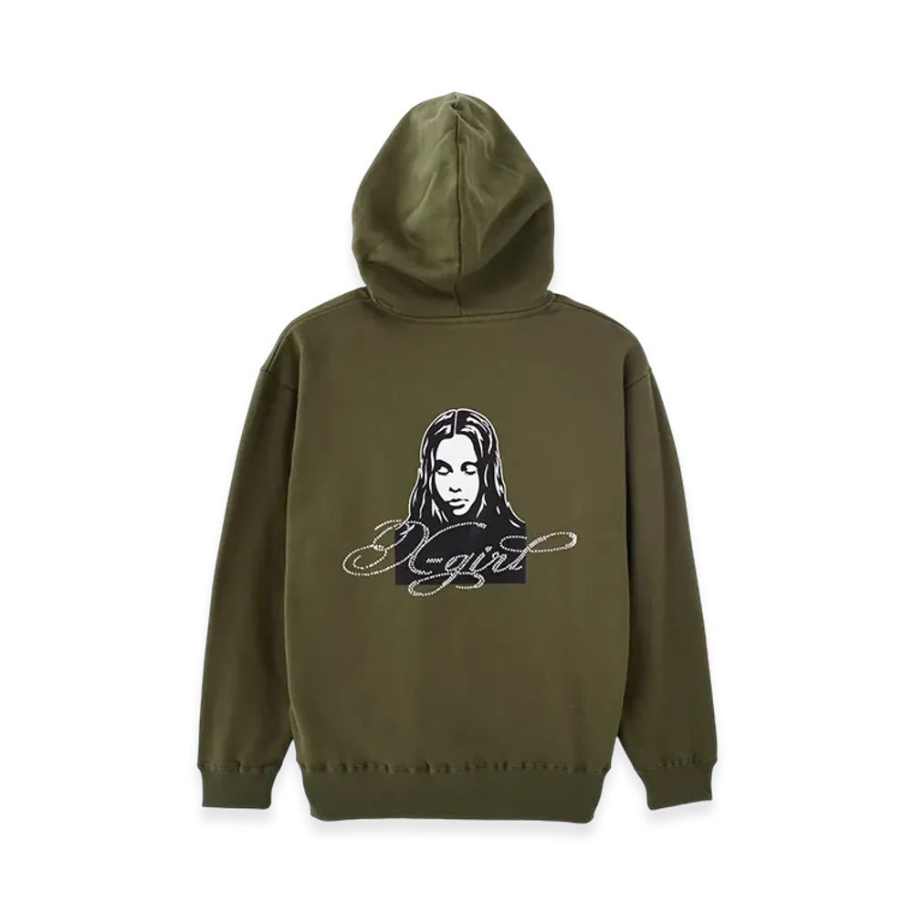 X-Girl Rhinestone Logo And Face Zip Up Sweat Hoodie "Olive"