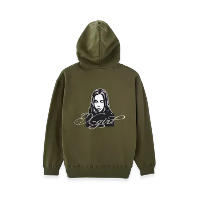 X-Girl Rhinestone Logo And Face Zip Up Sweat Hoodie "Olive"