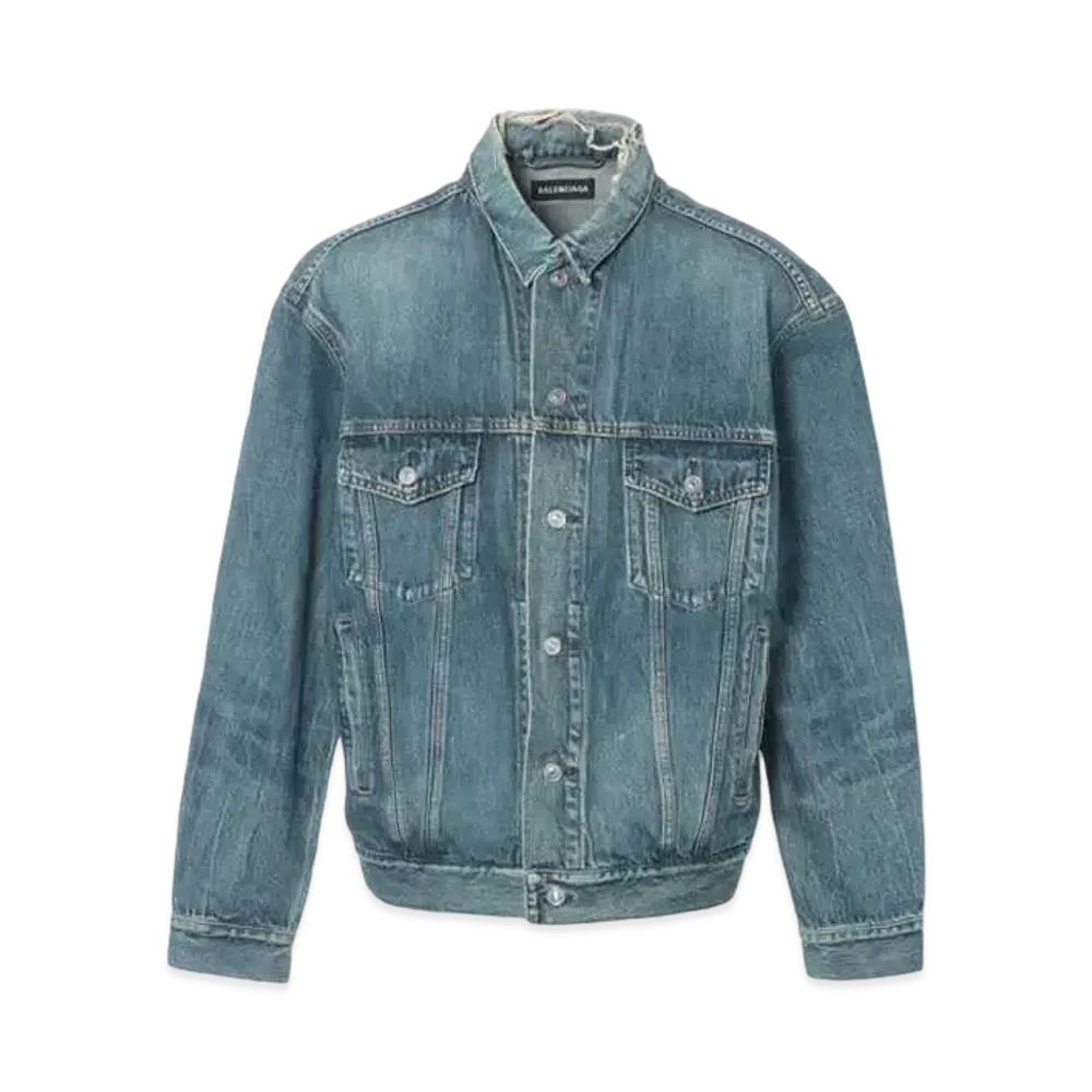 BALENCIAGA Men's Back Logo Crush Denim Jacket "Blue" 557351