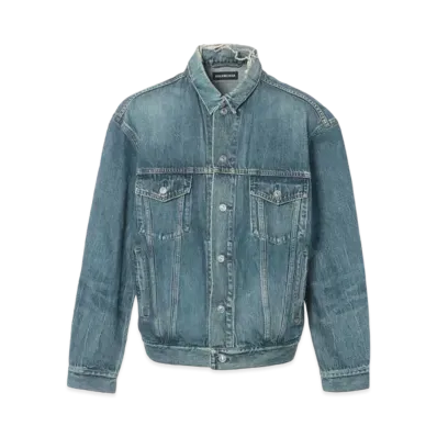 BALENCIAGA Men's Back Logo Crush Denim Jacket "Blue" 557351