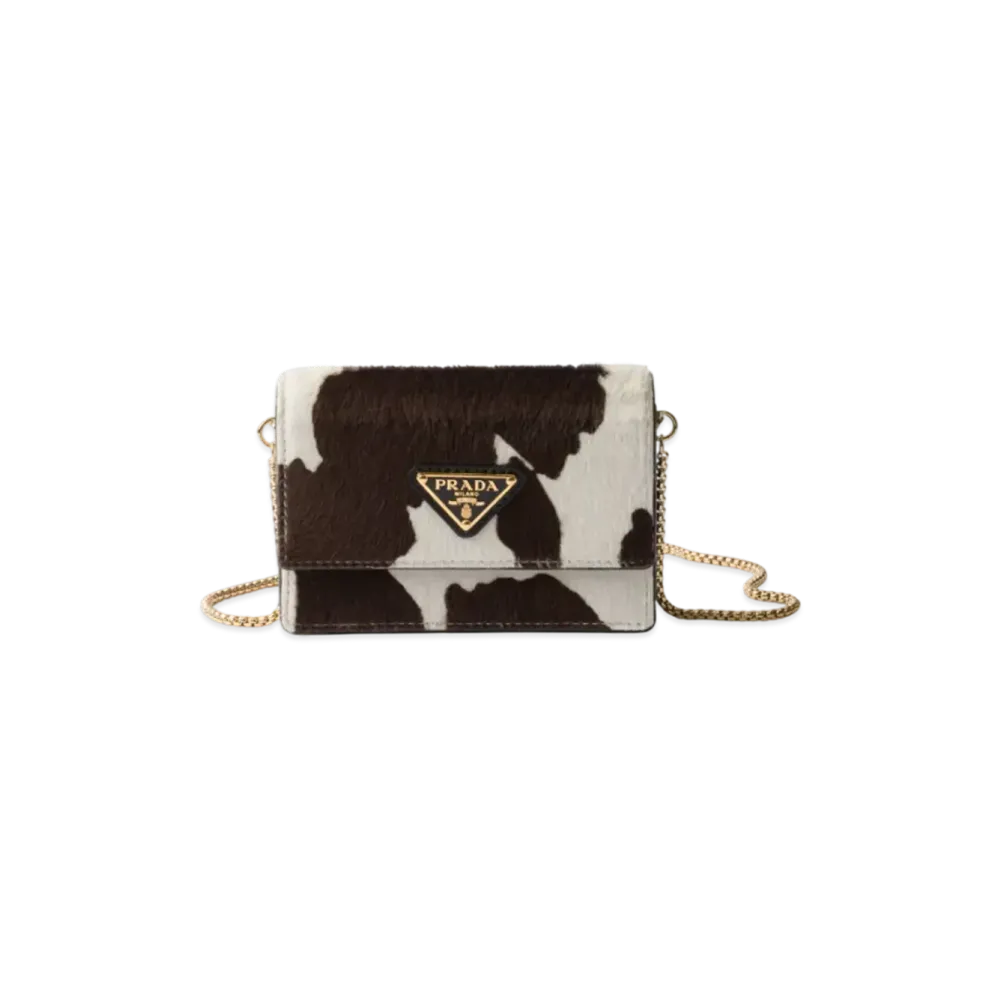 PRADA Printed Leather Card Holder with Shoulder Strap "White/Dark Brown"