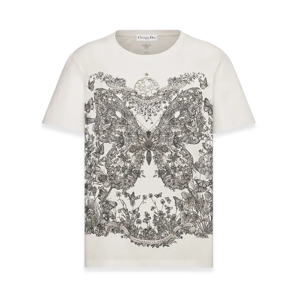 Dior Women's T-Shirt Linen Jersey Butterfly Around The World Motif "White/Pastel Pink"