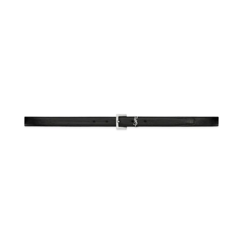 Saint Laurent Monogram Thin Belt With Square Buckle In Lizard-Embossed Leather "Black"