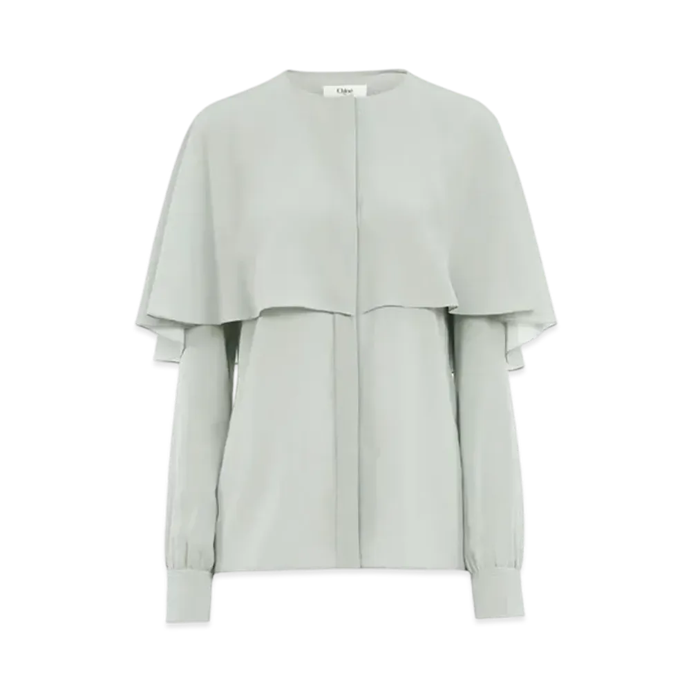 Chloe Cape Blouse In Silk Georgette "Desert Green"