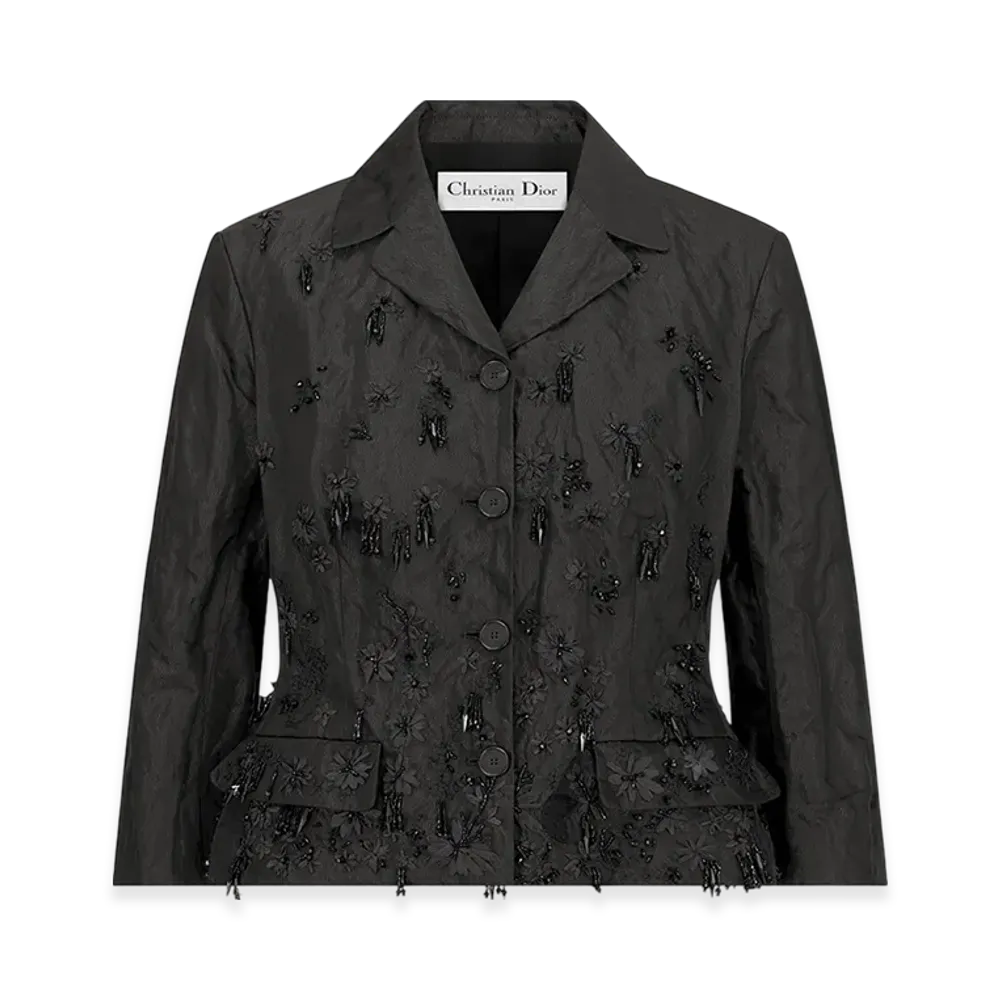Dior Women's Fitted Jacket with Three-Quarter Sleeves Silk Radzimir Crinkled Effect "Black"